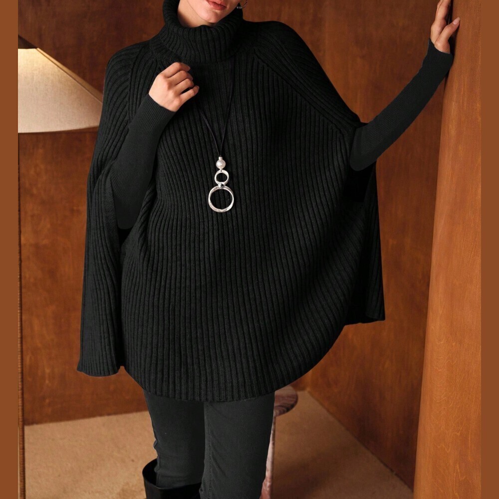 Black Ribbed Knit Turtleneck Poncho Sweater